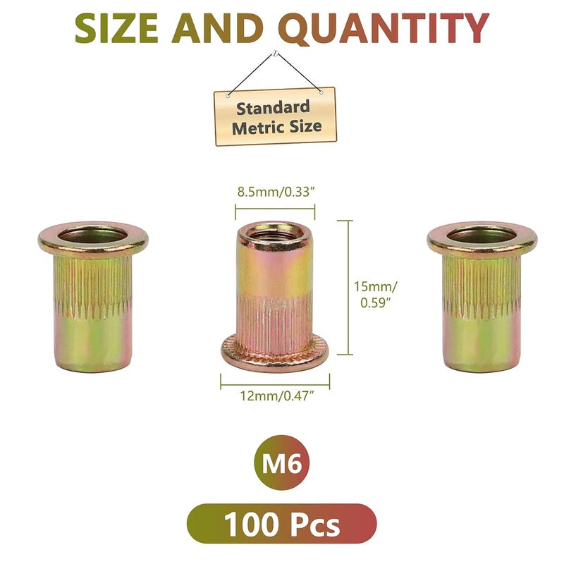PRECIHW 100pcs M6 Rivet Nuts, M6 Flat Head Rivnut Threaded Insert Nuts with Knurled Body, Metric Zinc Plated Carbon Steel Insert Nutsert for Automotive, Furniture, Decoration Brand: - Image 2